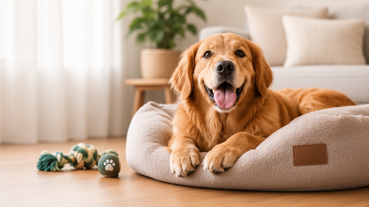 Golden retriever resting on a dog bed, Tenpaw everyday dog care